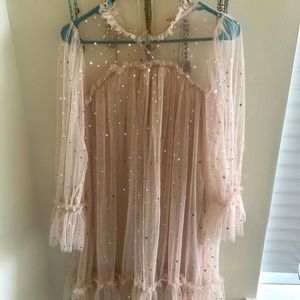 flounce sleeve frill trim star sequin mesh dress